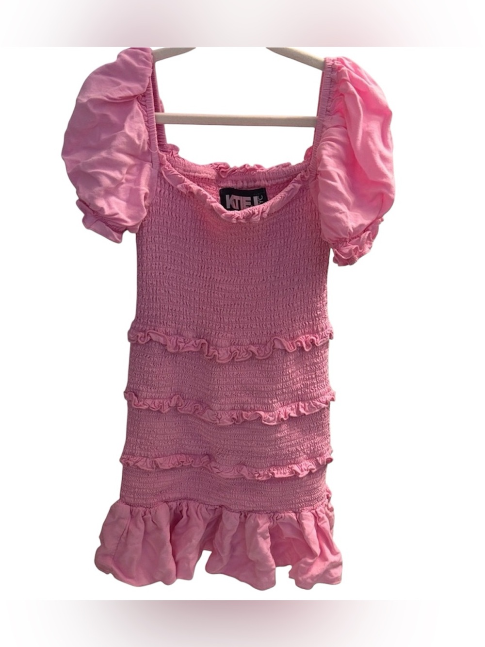 Katie J NYC Laila Pink Smocked Ruffle Mini Dress Puff Sleeve Size S 6-7 Years